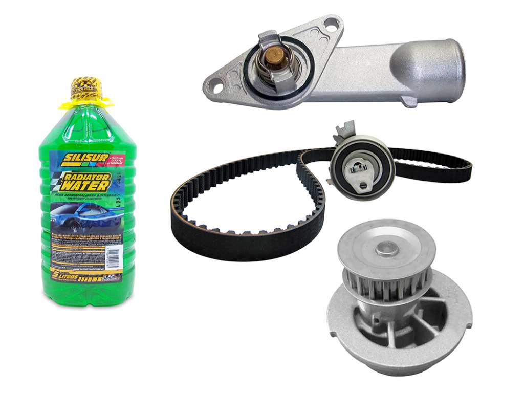 Kit de distribución con rulemán tensor, bomba de agua y termostato