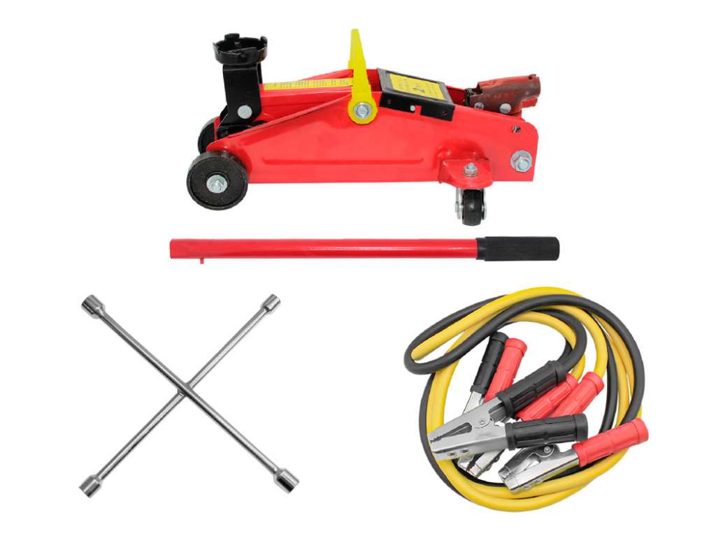 Gato hidráulico tipo carro universal 2 toneladas con cable para batería y llave de rueda
