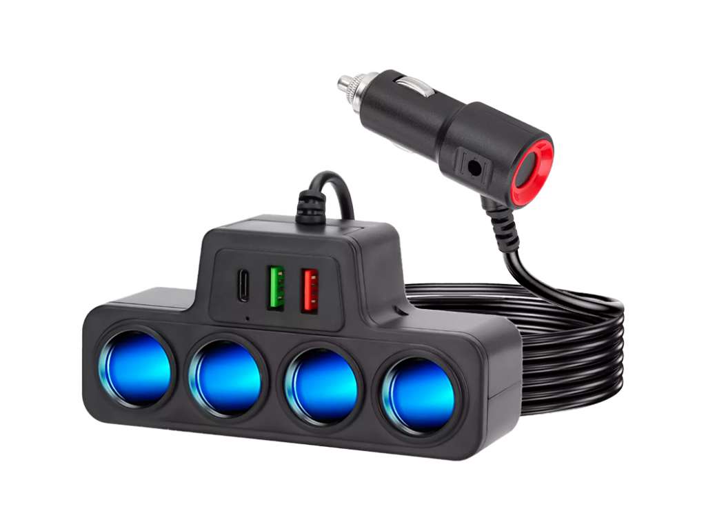 Adaptador divisor de encendedor de cigarrillos universal con 4 salidas y puertos USB/USB-C